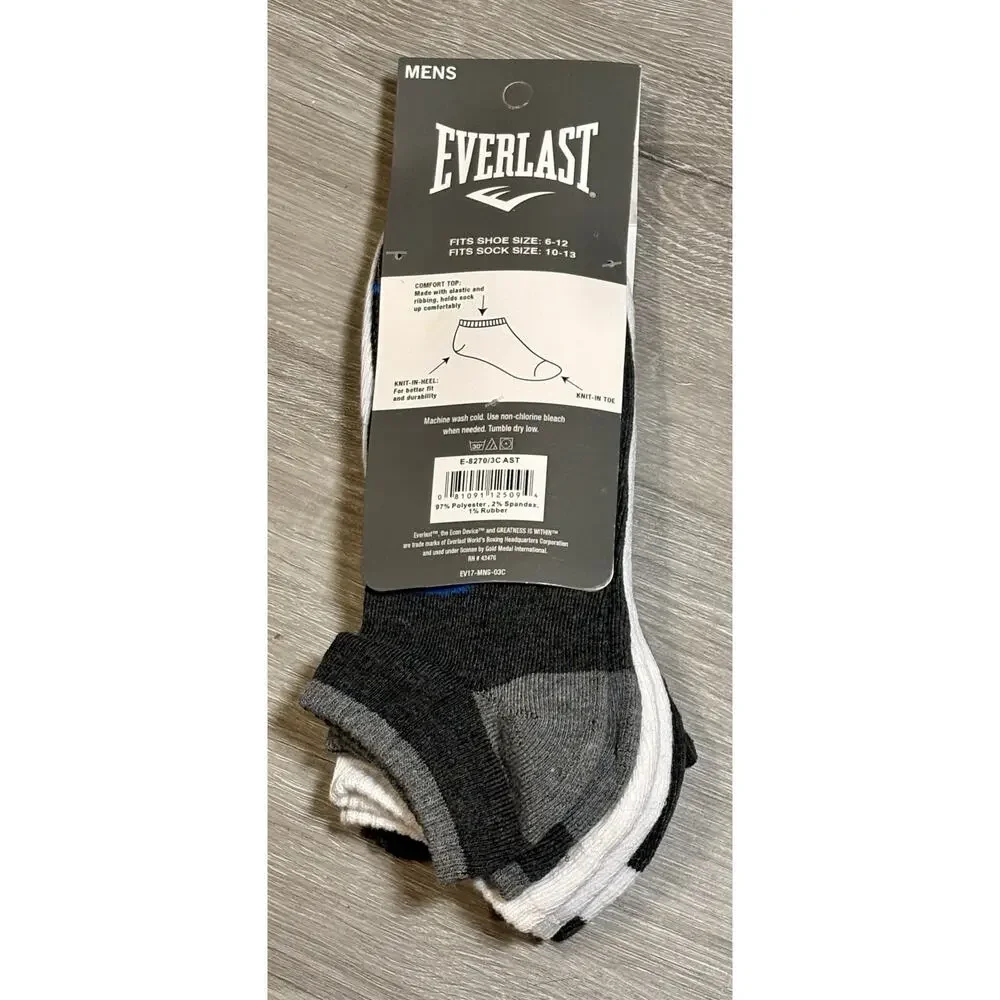 Everlast Men's No Show Socks Shoe Size 6-12 White 1/2 Cushion 3 Pairs‎ NWT